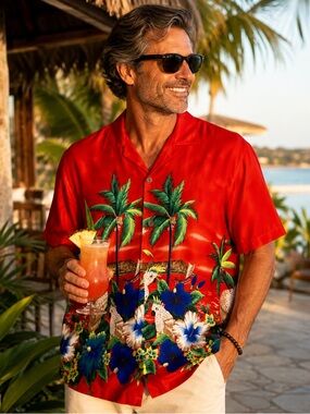 ULUWATU Mens XXL Hawaiian Aloha Shirt Red Cockatiel Birds Hibiscus Palm Trees